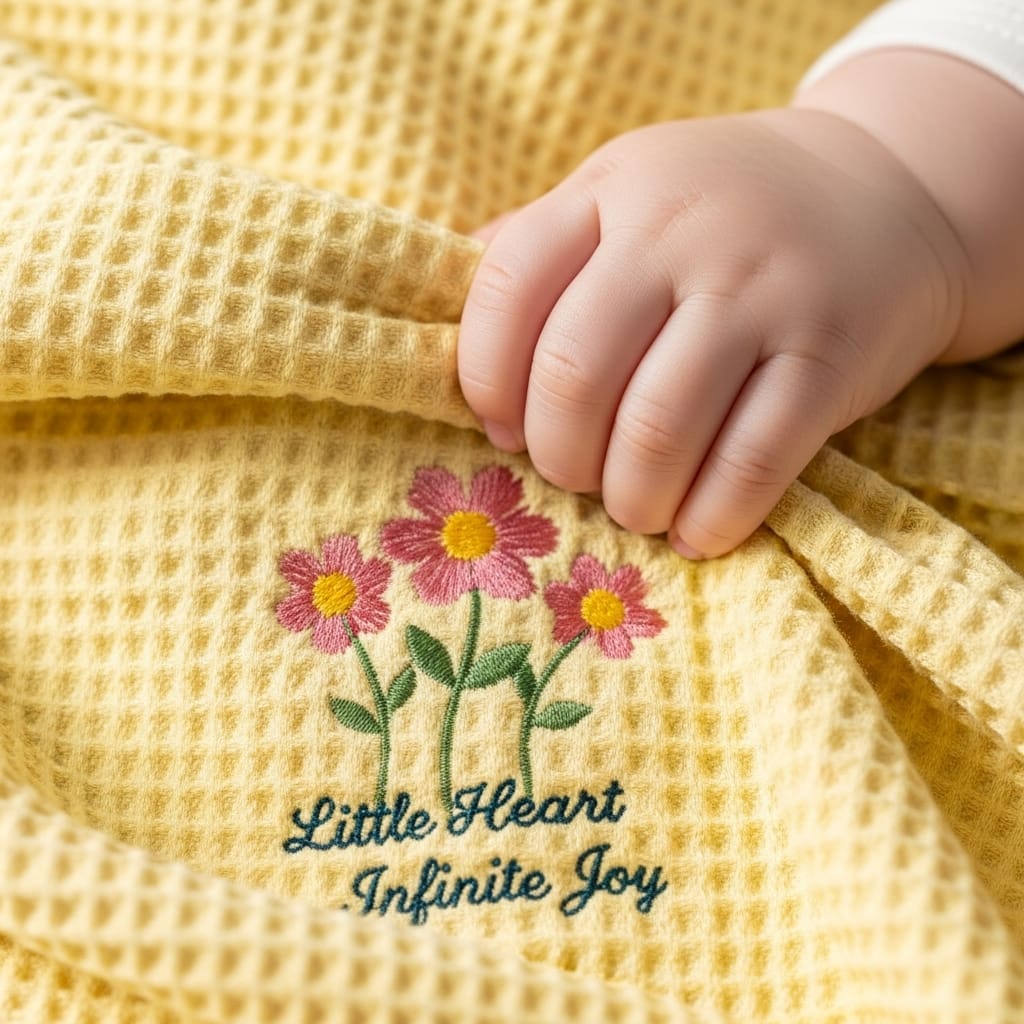 Yellow textured fabric with embroidered flowers and text, held by a child's hand.