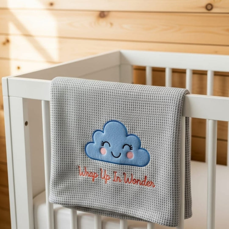 Gray baby blanket with a cloud design and text on a white crib.