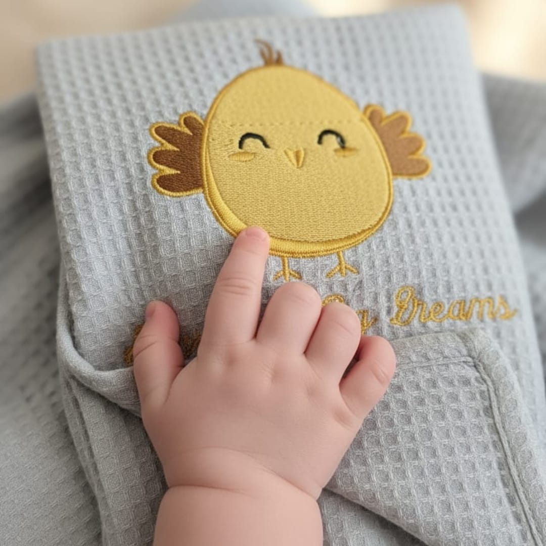 Close-up of a grey waffle blanket with a yellow chick motif being touched by a child's hand.