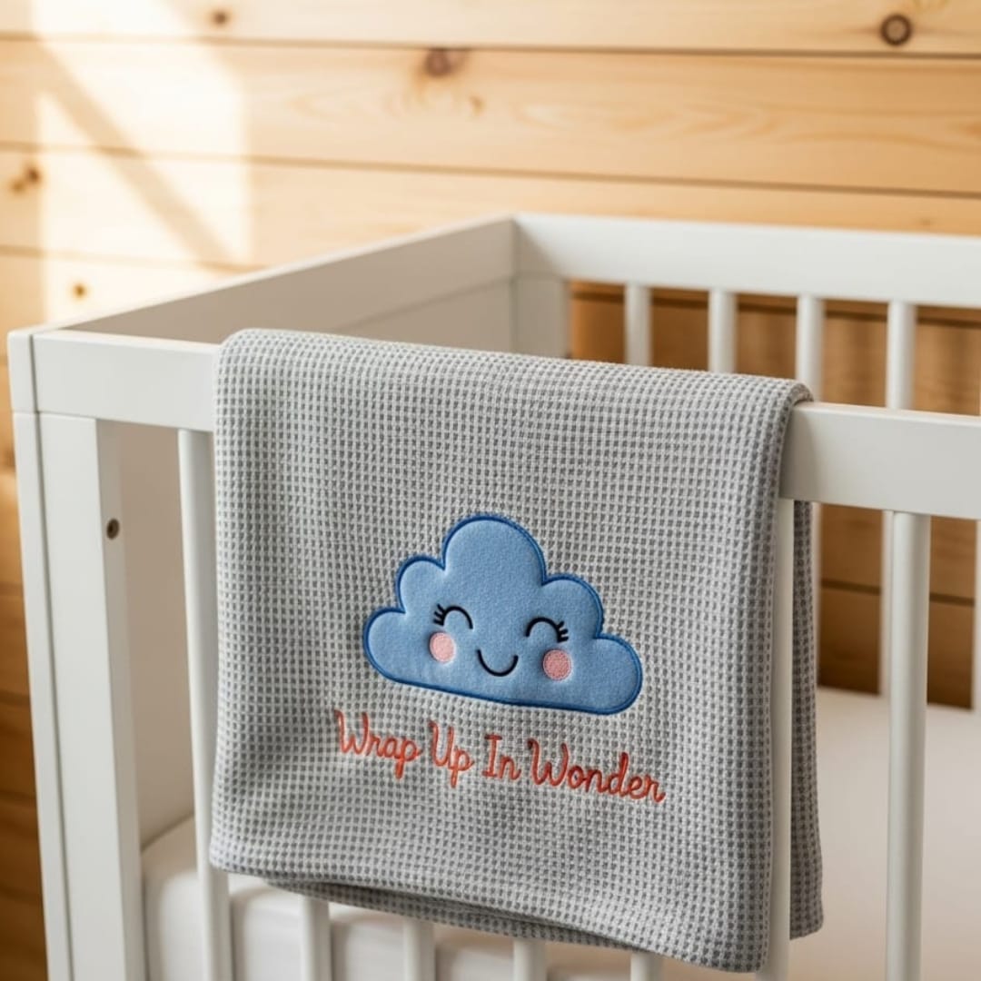 Gray baby blanket with a cloud design and text on a white crib.