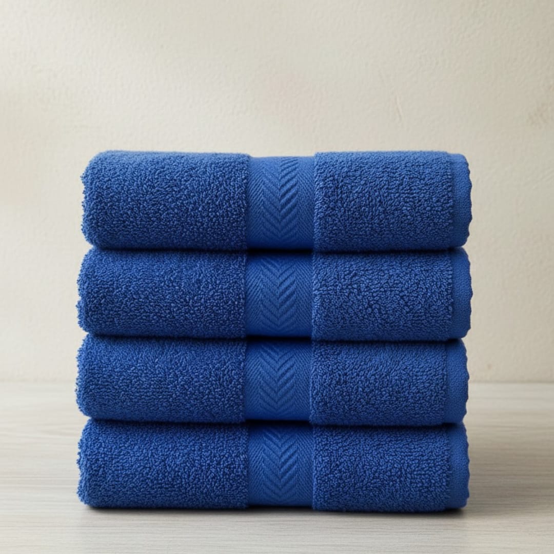 Four folded navy blue cotton hand towels stacked together.