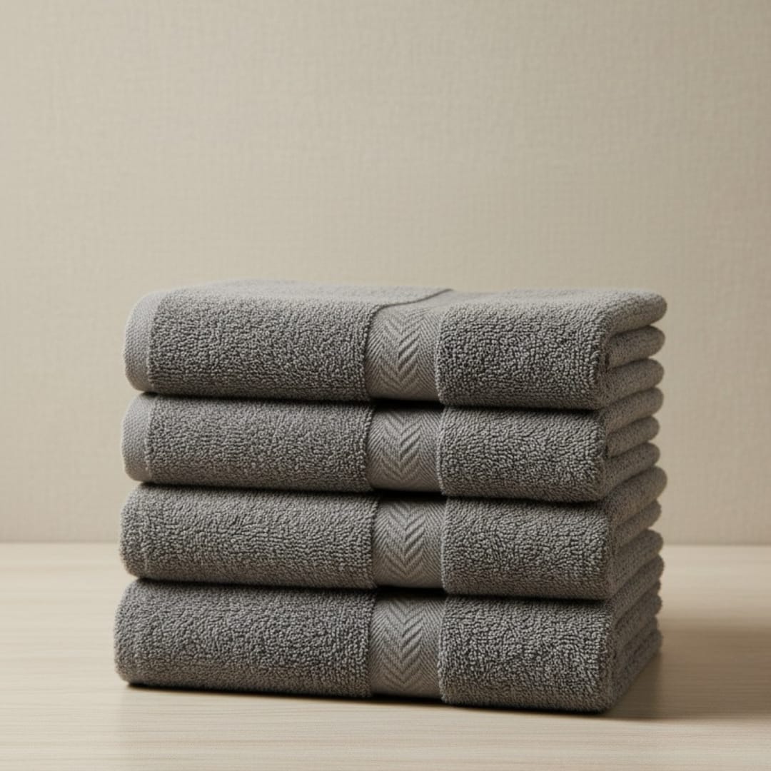 Four folded charcoal grey cotton hand towels stacked together.