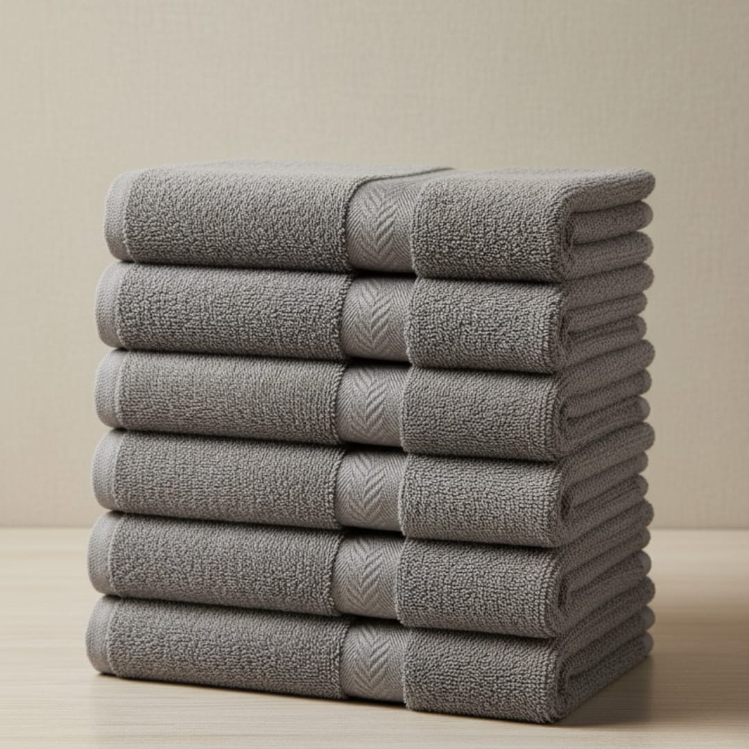 Tall stack of folded charcoal grey cotton hand towels.
