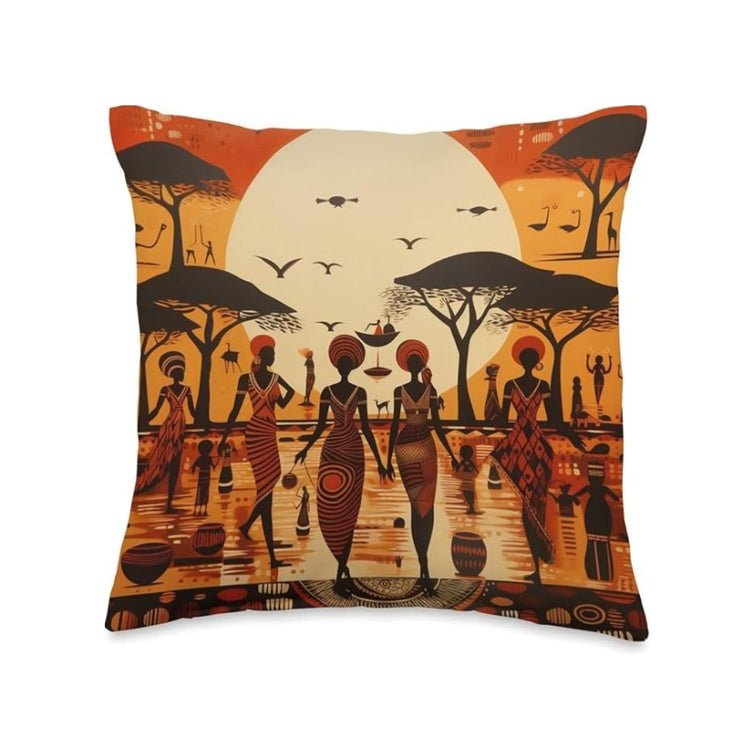 Cushion cover with figures and trees against a large pale sun and orange sky.