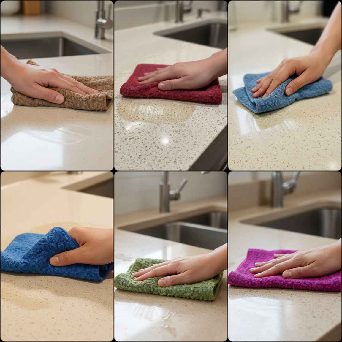 Six views of textured cleaning cloths in different colours wiping a kitchen counter.