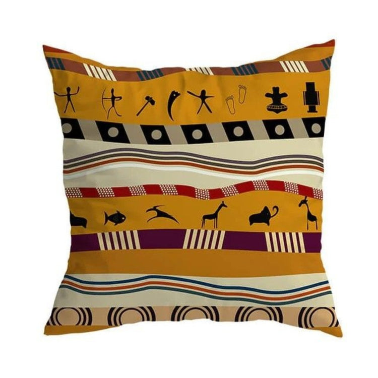 Cushion cover with ochre, cream and black horizontal bands of small symbolic motifs.