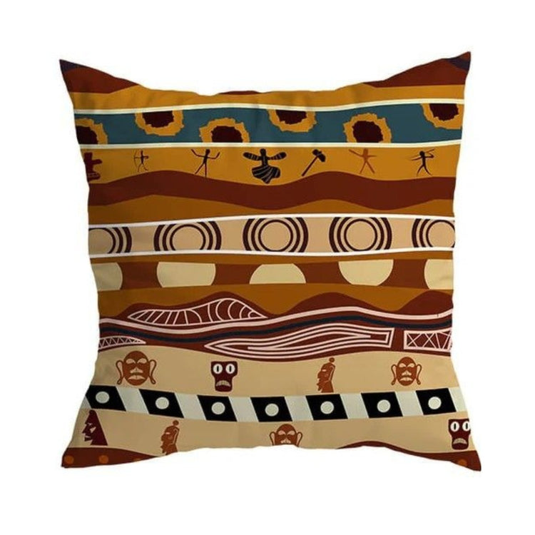 Cushion cover with brown, ochre and cream horizontal bands of abstract symbols.