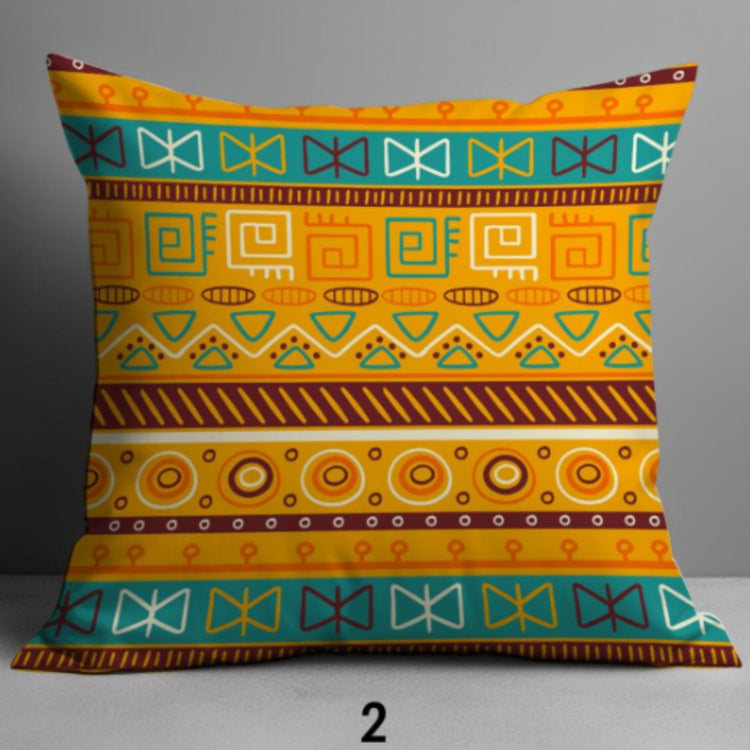 Mustard cushion cover with turquoise and cream horizontal geometric bands.