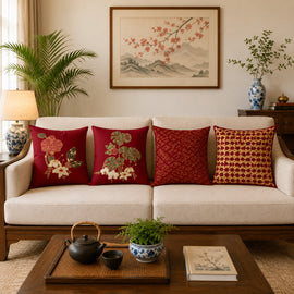 Four red cushion covers with gold coloured floral and geometric patterns on a sofa.