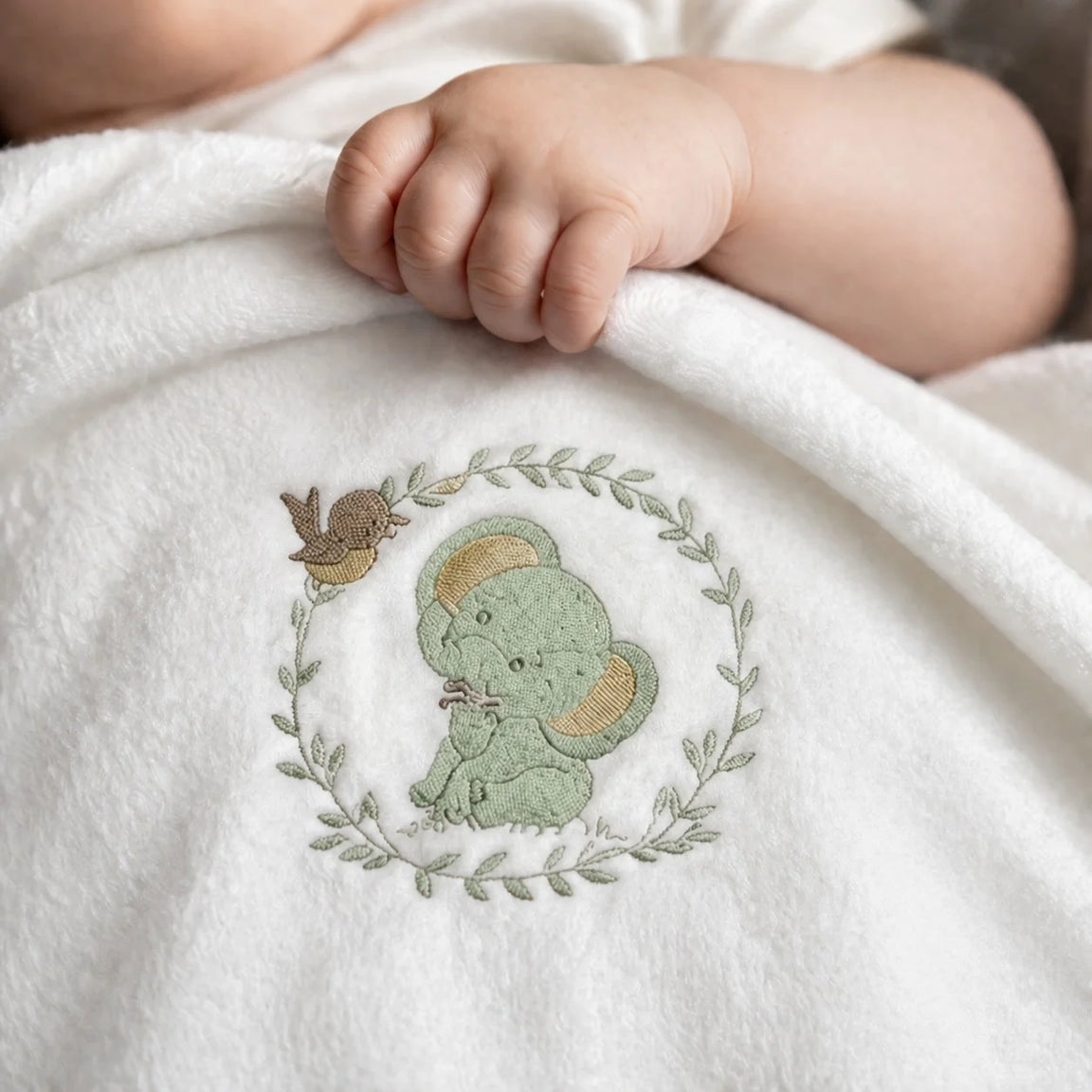 Close-up of an infant's hand on a white blanket with a pale green elephant and wreath motif