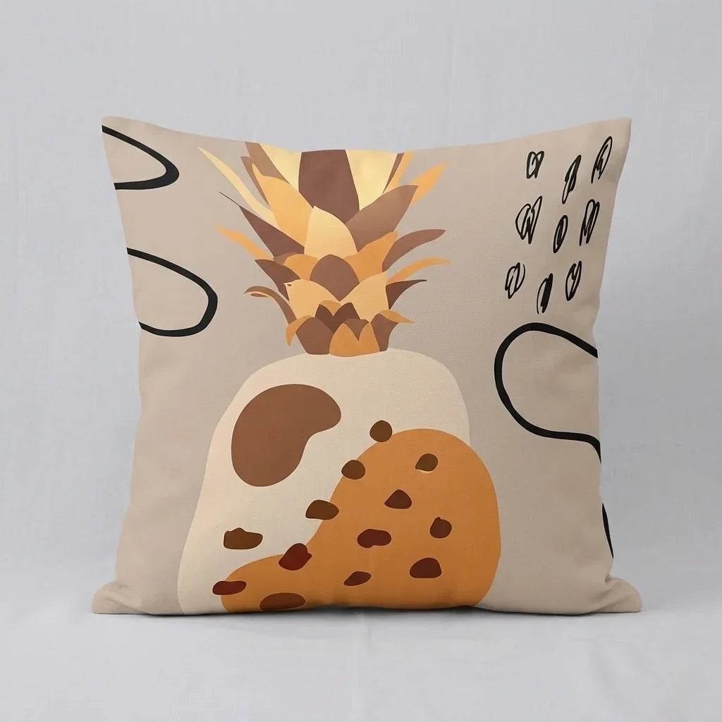 Cream cushion cover with mustard and brown abstract shapes and fine black botanical marks.