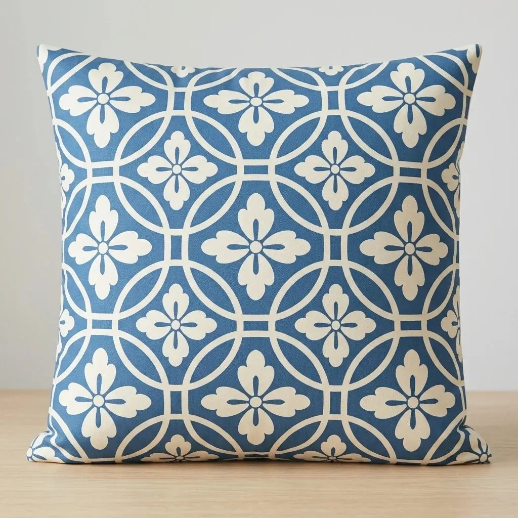 Blue cushion cover with white circular floral motifs.
