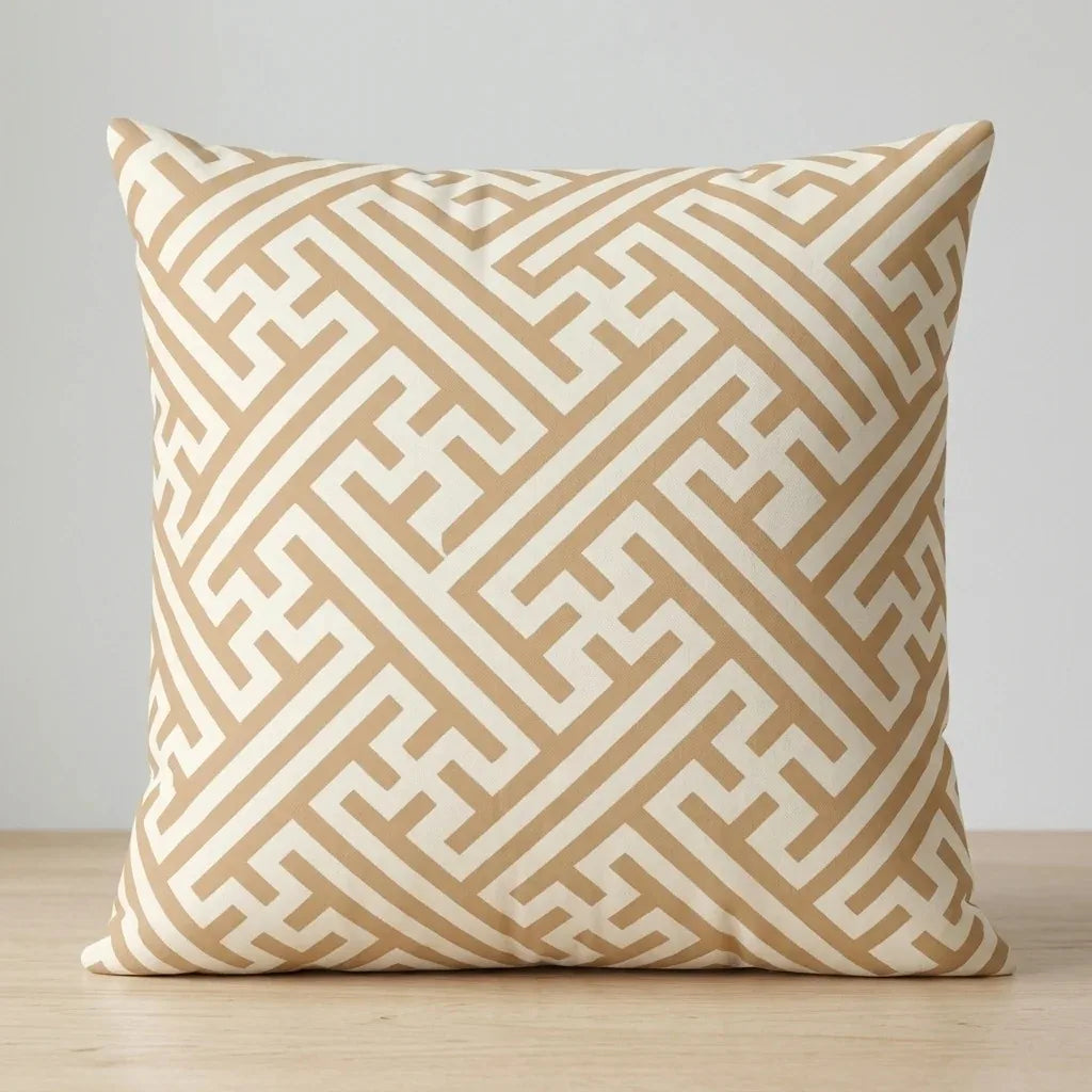 Cream cushion cover with a beige maze-like geometric pattern.