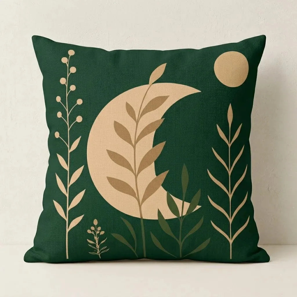 Dark green cushion cover with a pale crescent moon, leafy stems and a small circle.