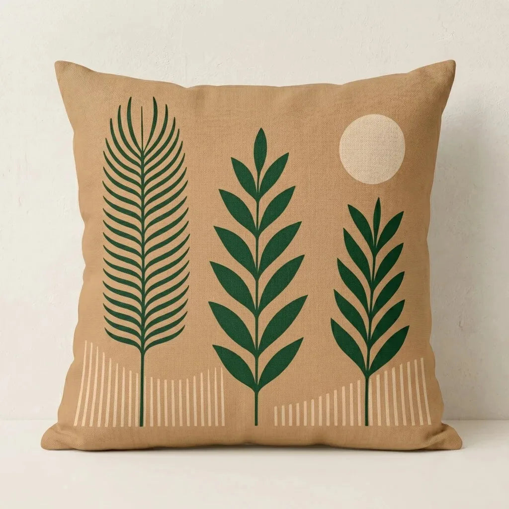 Tan cushion cover with three dark green leafy stems and a pale circle.