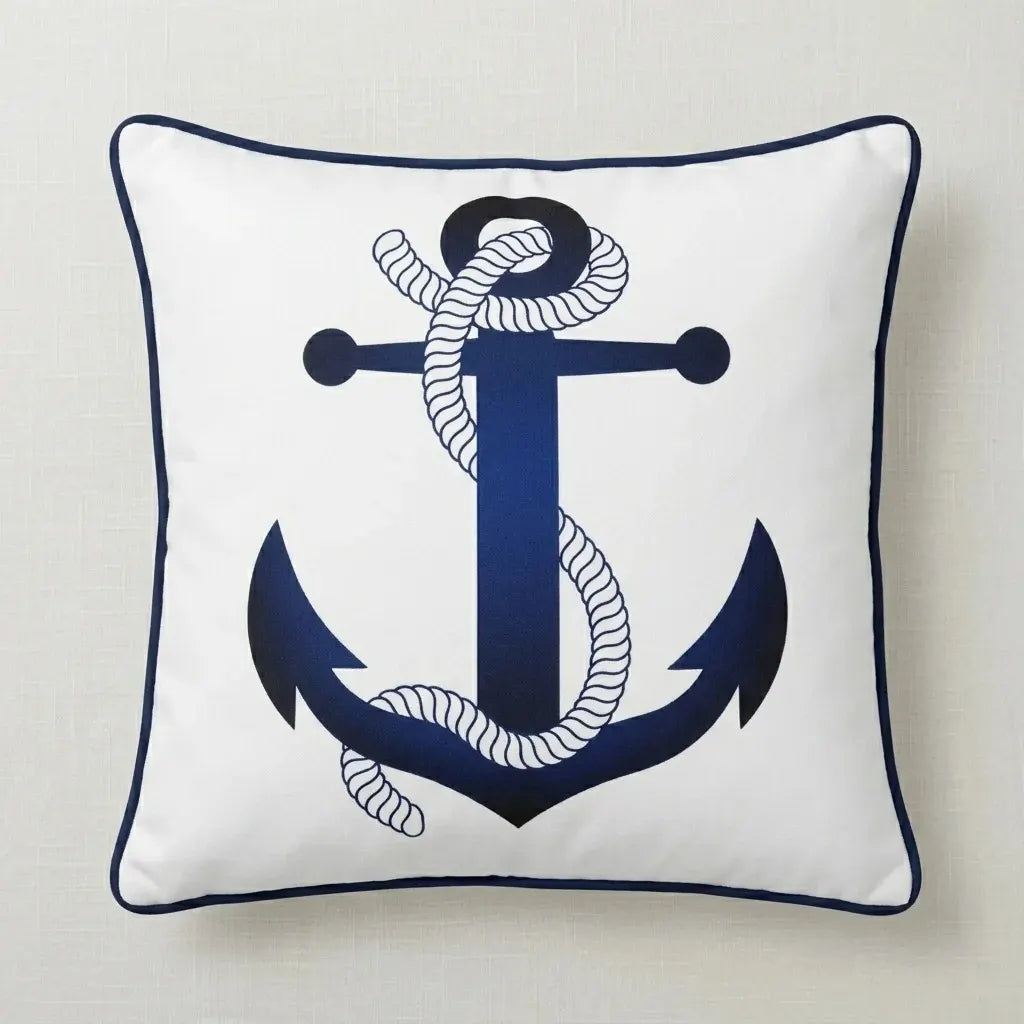 Cream cushion cover with a navy anchor and rope illustration and navy piping.