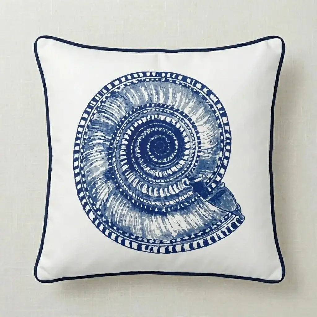 Cream cushion cover with a detailed blue spiral shell and navy piping.