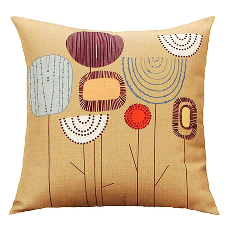 Ochre cushion cover with fine stems and abstract rounded flowers in muted colours.