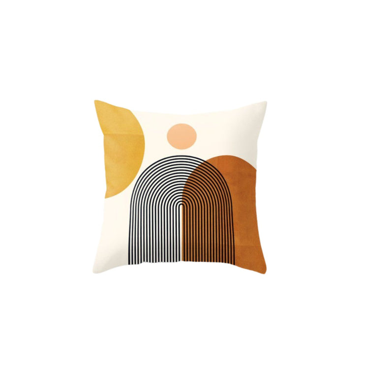 Cream cushion cover with grey and rust striped arches and orange circular accents.