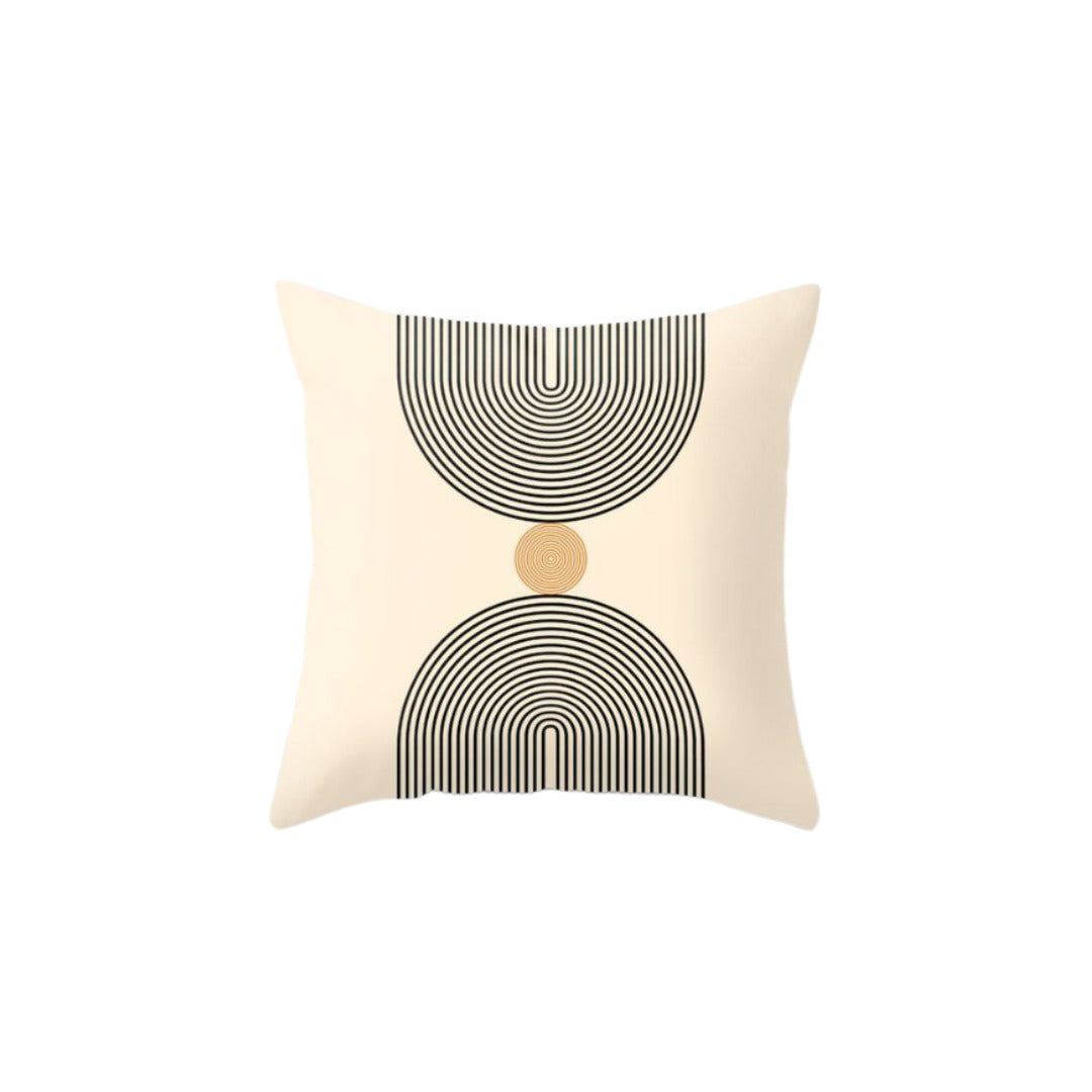 Cream cushion cover with two grey striped semicircles linked by a small tan circle.