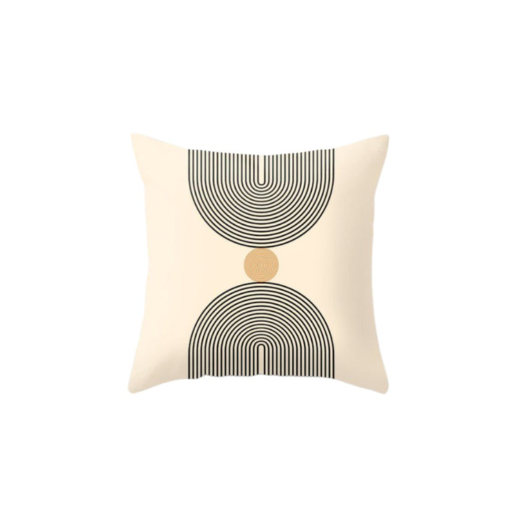Cream cushion cover with two grey striped semicircles linked by a small tan circle.