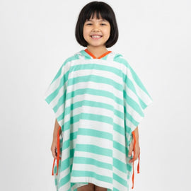 Child wearing a mint and white striped hooded towel poncho.