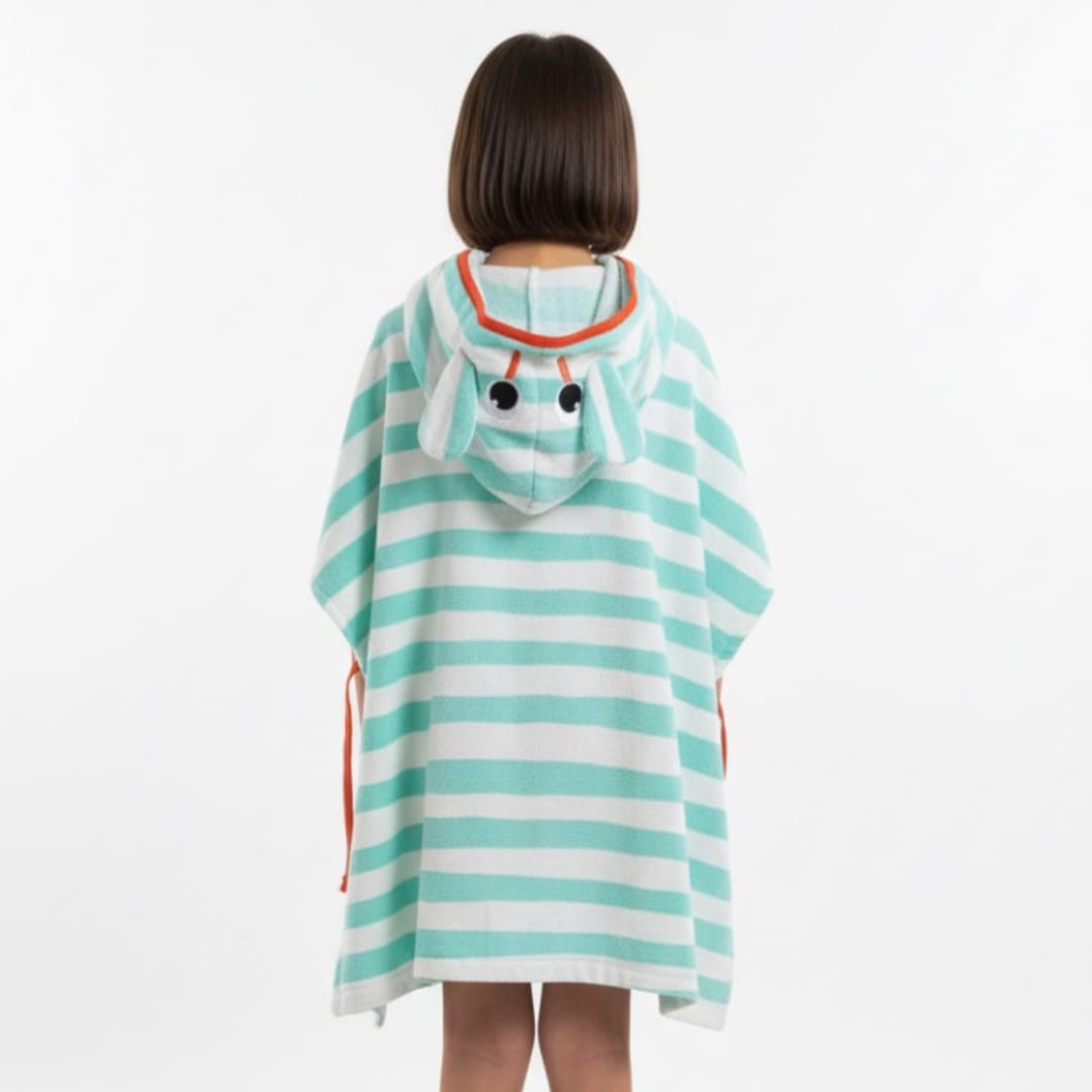 Back view of a mint and white striped towel poncho with an animal-face hood.