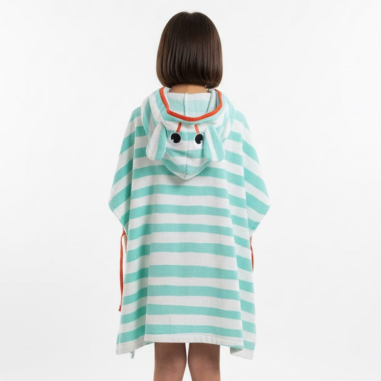 Back view of a mint and white striped towel poncho with an animal-face hood.
