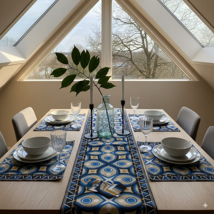 Blue and cream ornamental table runner with matching placemats on a dining table.