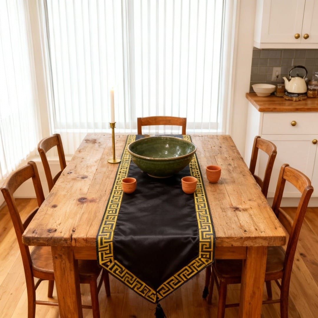Black velvet table runner with a gold geometric border and pointed ends.