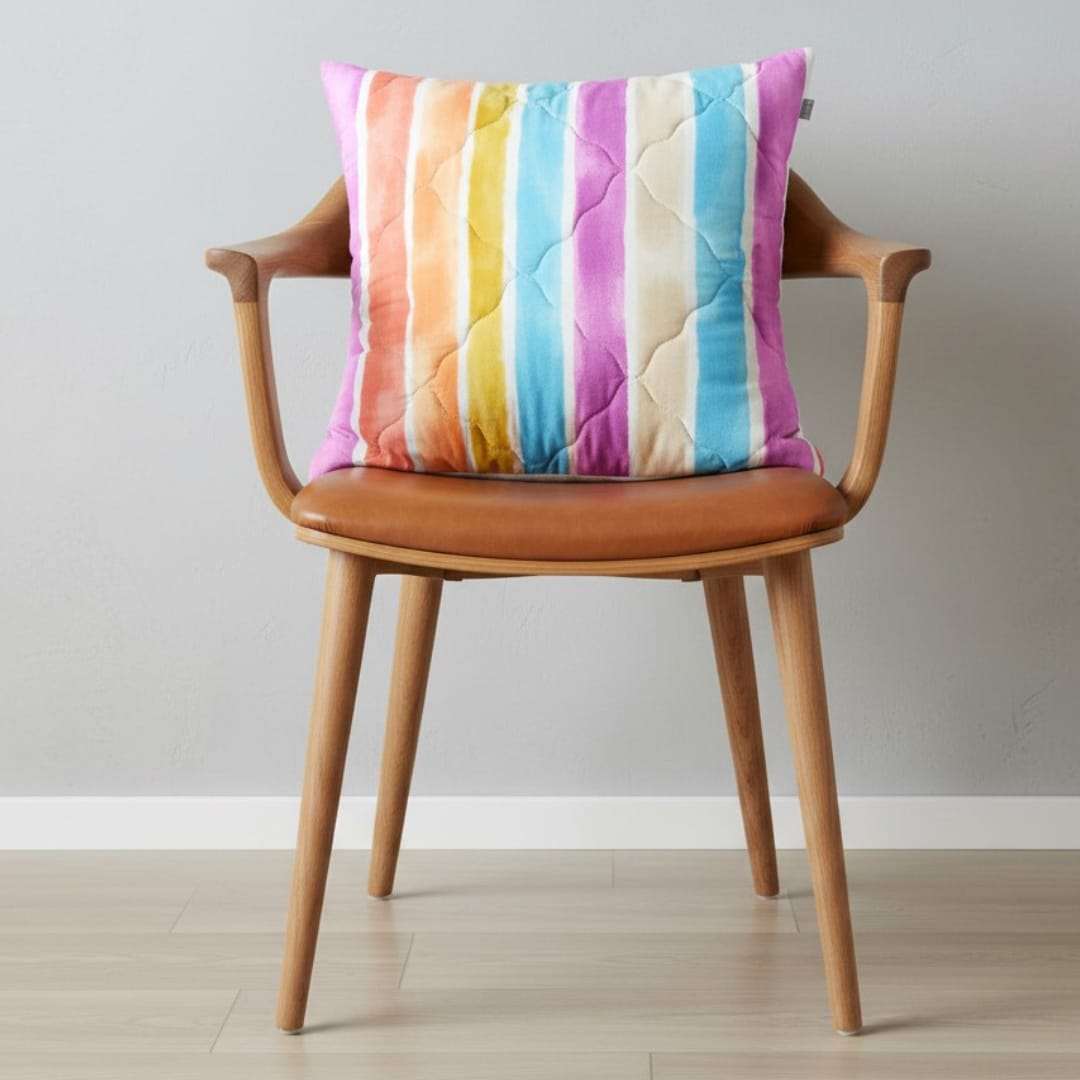 Rainbow-striped decorative cushion on a wooden chair.