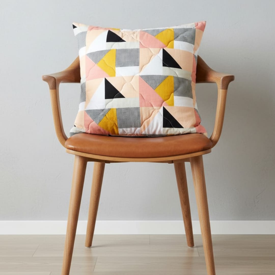 Decorative cushion with pastel geometric triangles on a wooden chair.