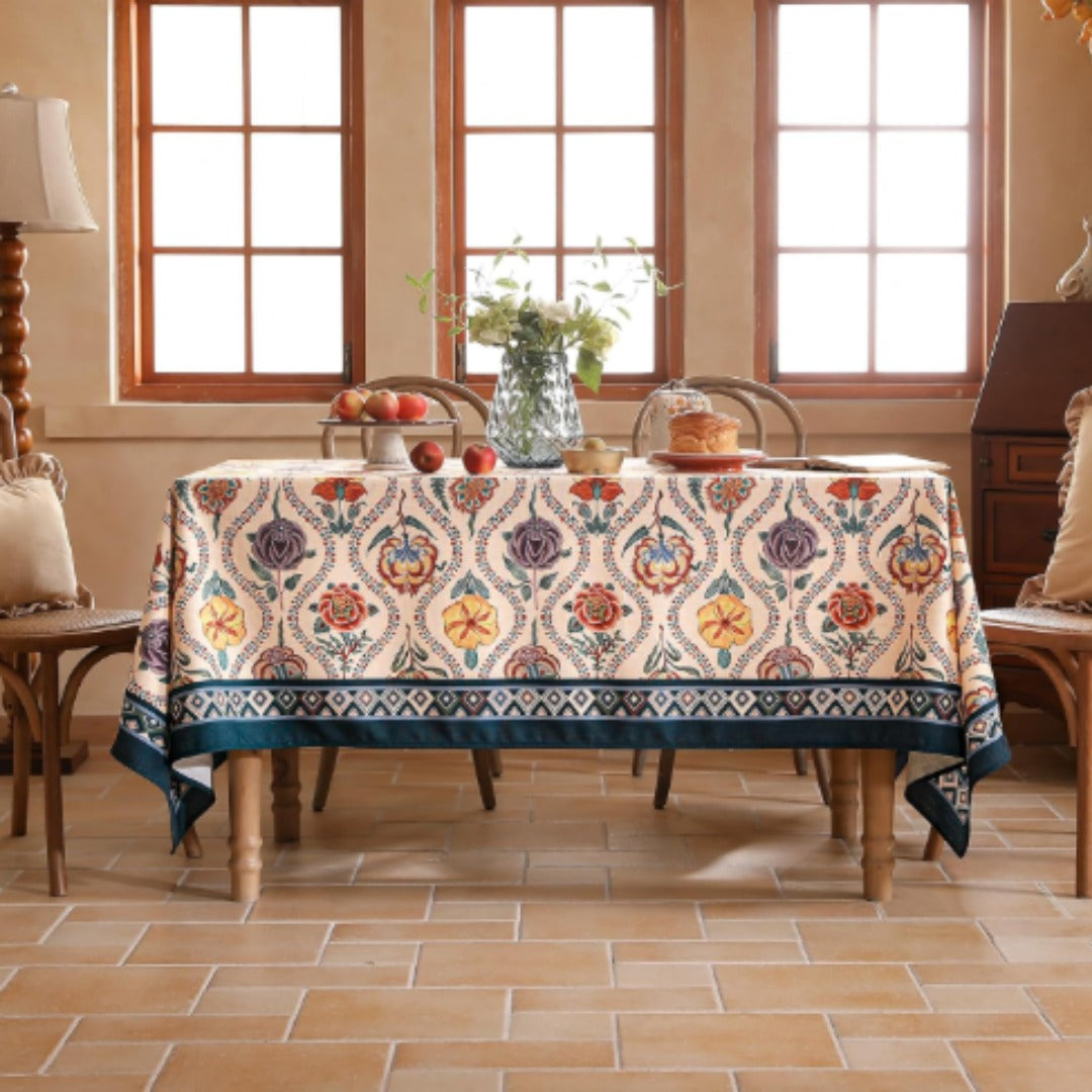 Colourful floral tablecloth with a dark patterned border in a dining-room setting.