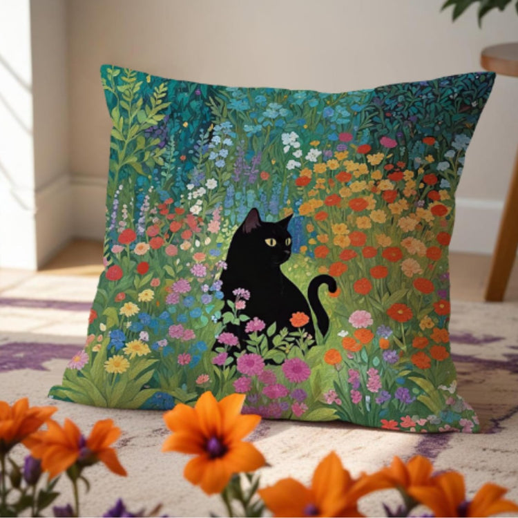 Colourful floral garden cushion cover with a black cat sitting among flowers.