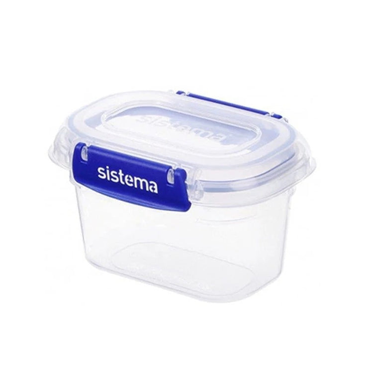 Small clear food container with a white and blue locking lid.