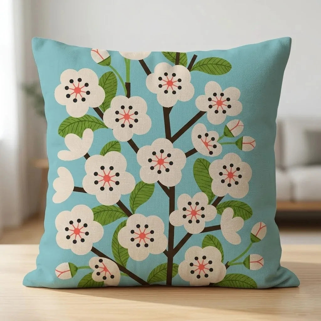 Turquoise cushion cover with a tree of white blossoms and green leaves.