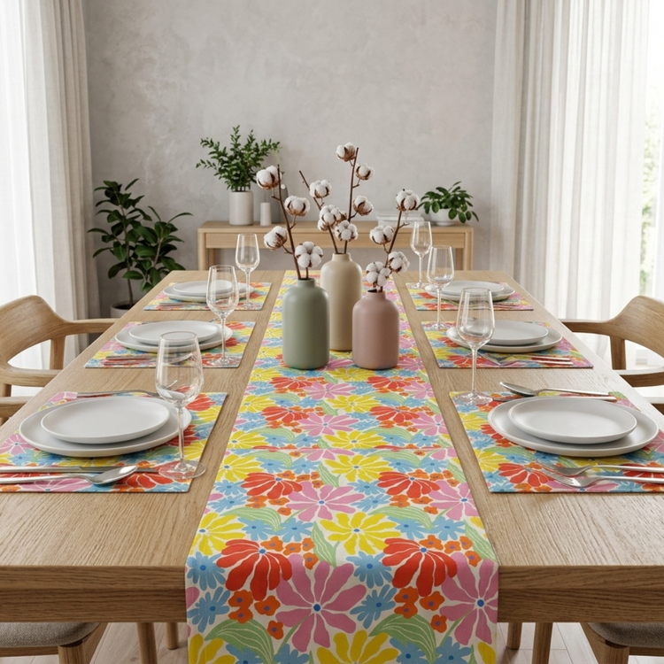 Bright multicoloured floral table runner with matching placemats.