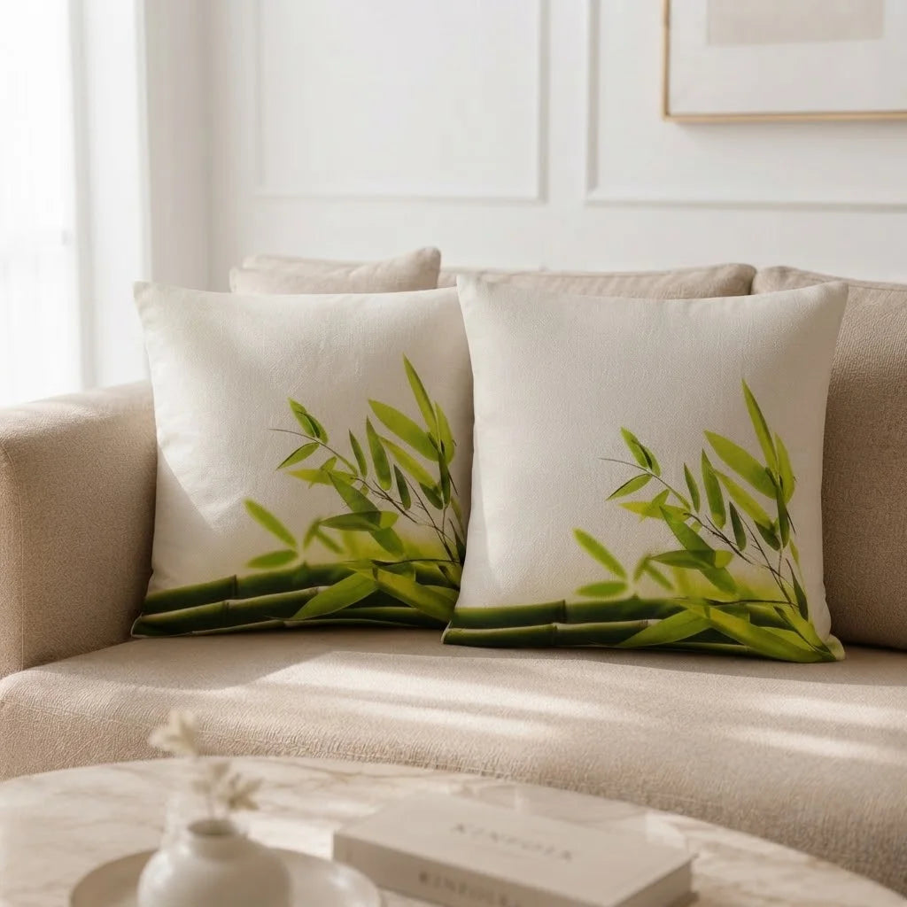 Two square off-white throw pillows with a green bamboo leaf print, styled on a beige fabric sofa in a bright, modern living room.