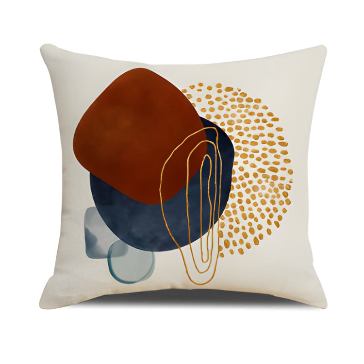 Cream cushion cover with navy, rust and blue circles, gold coloured dots and fine loops.