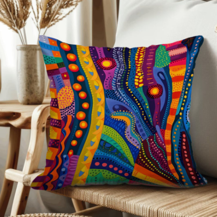Cushion cover with flowing multicoloured bands, dots and fine geometric patterns.