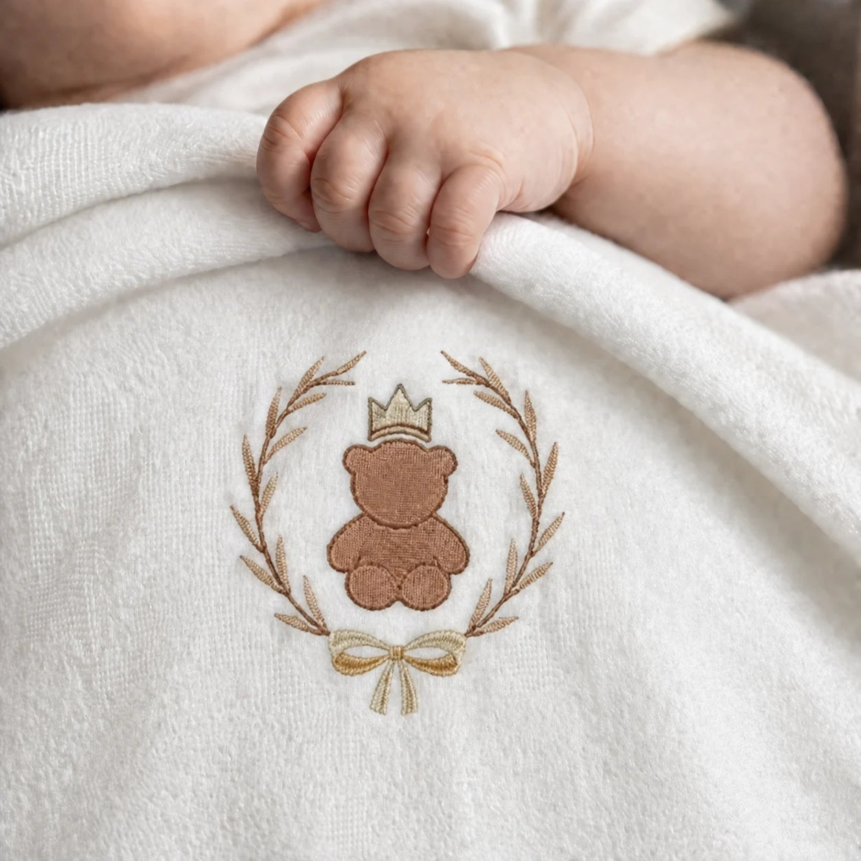 A close-up of a baby's hand resting on a white textured blanket featuring an embroidered brown teddy bear wearing a small gold crown, surrounded by a laurel wreath and tied with a bow.