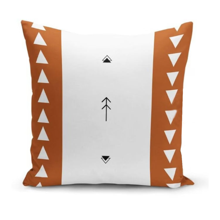 White cushion cover with small black arrows and rust side bands of white triangles.