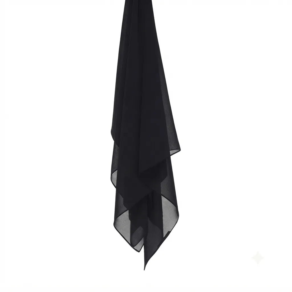 Black chiffon stole hanging vertically to show its light fabric.