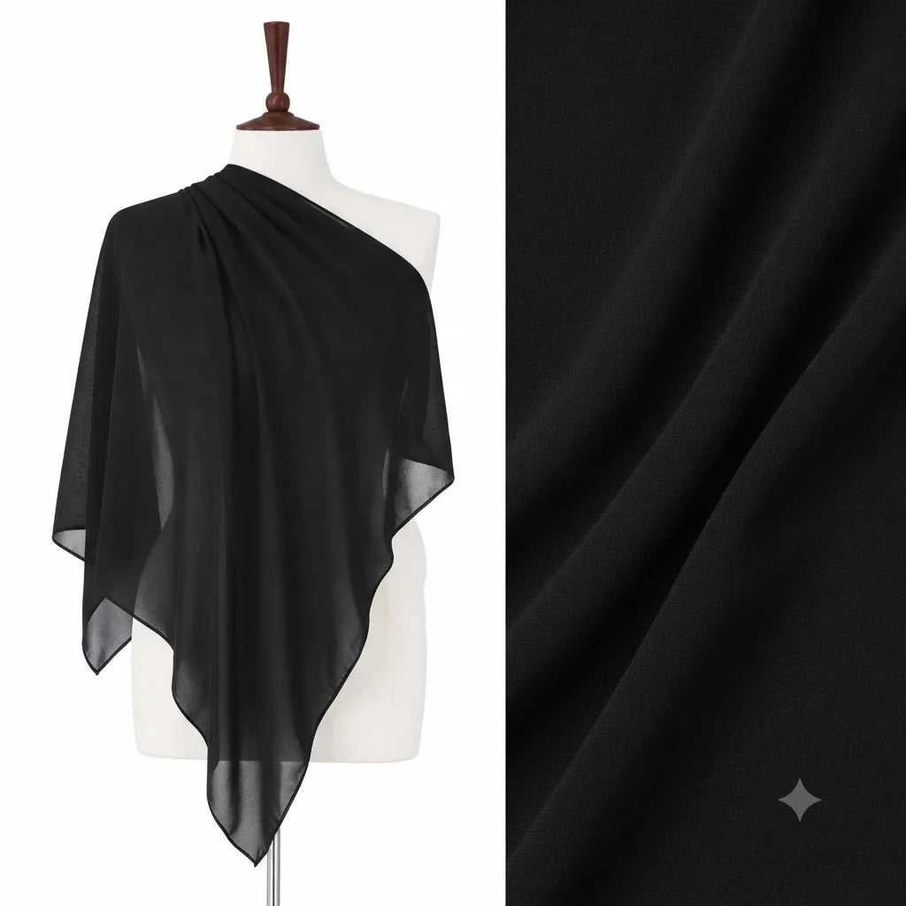 Black chiffon stole on a mannequin with a fabric close-up.