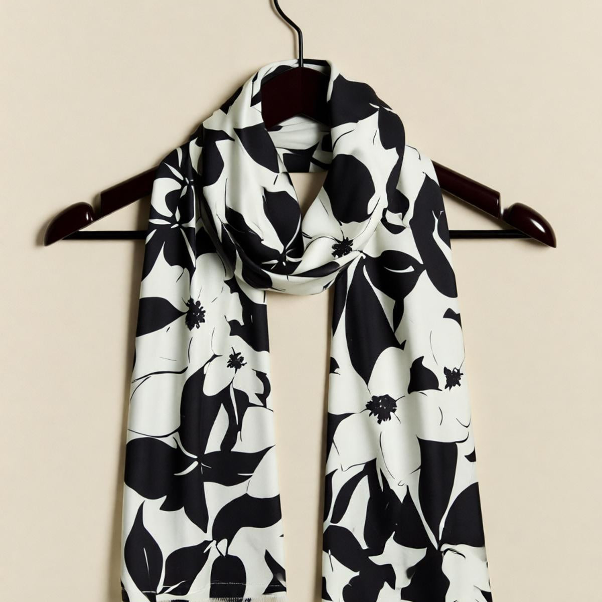 Black flower-patterned silk Scarf