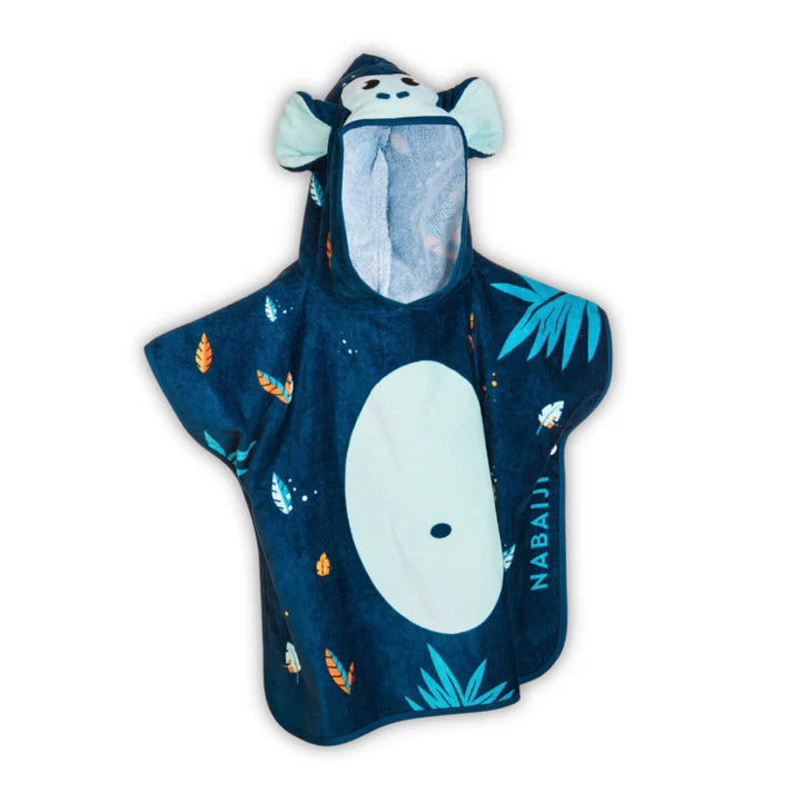 Navy animal-themed hooded towel poncho laid flat on a white background.