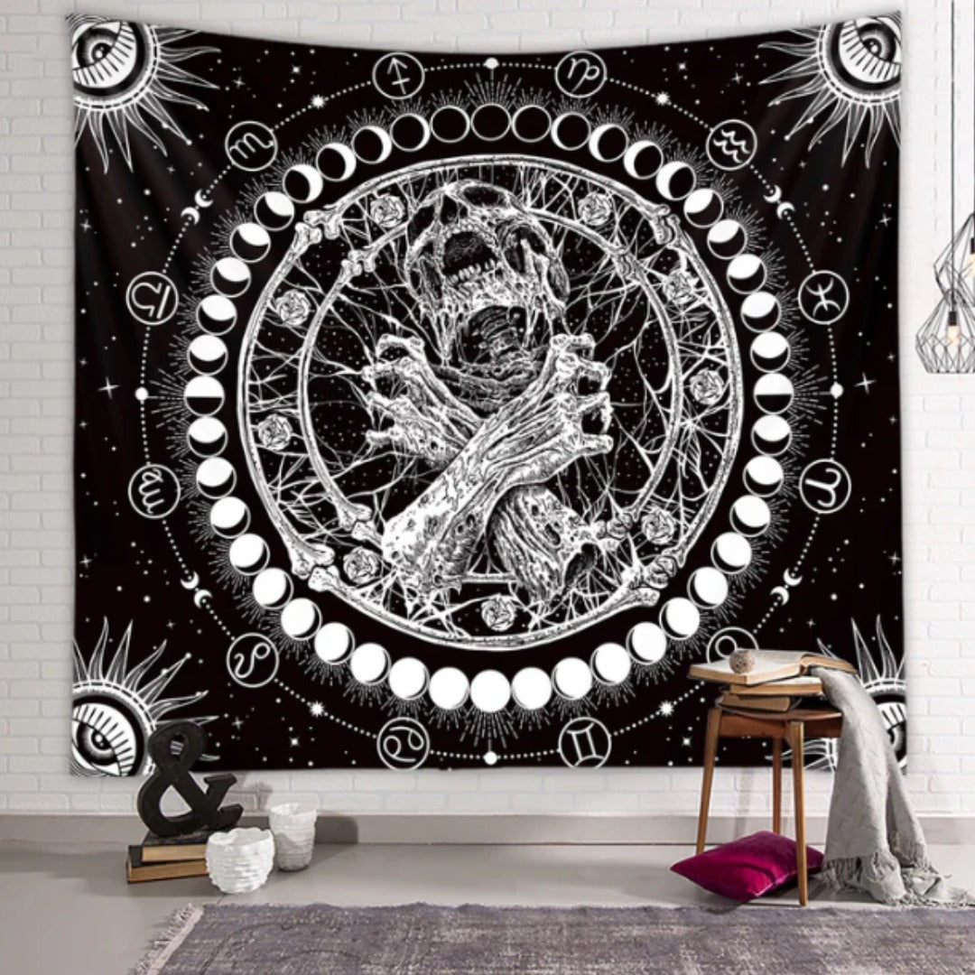 Moon Phases and Zodiac Skull Tapestry
