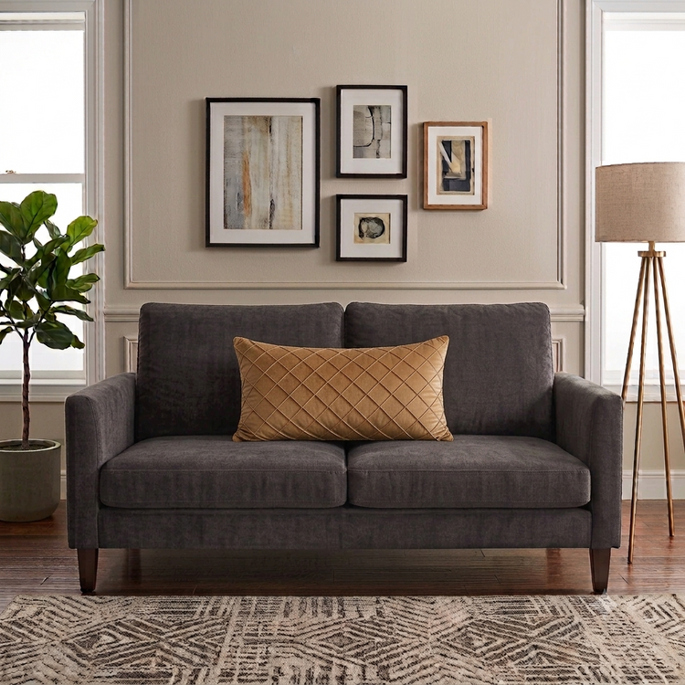 Rectangular tan filled cushion with diamond stitching on a dark grey sofa.