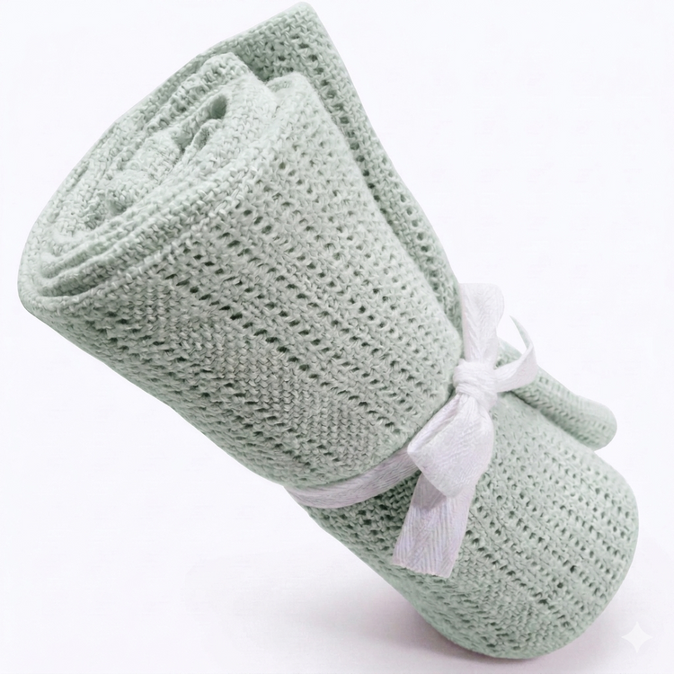 Rolled pale mint cellular blanket tied with a white ribbon.