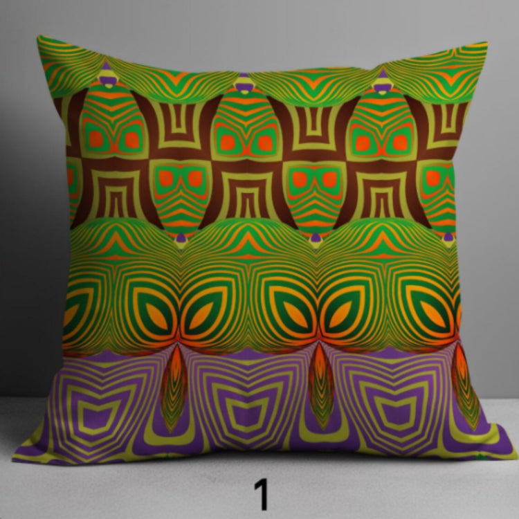 Green cushion cover with repeated mask-like outlines and a purple patterned lower panel.